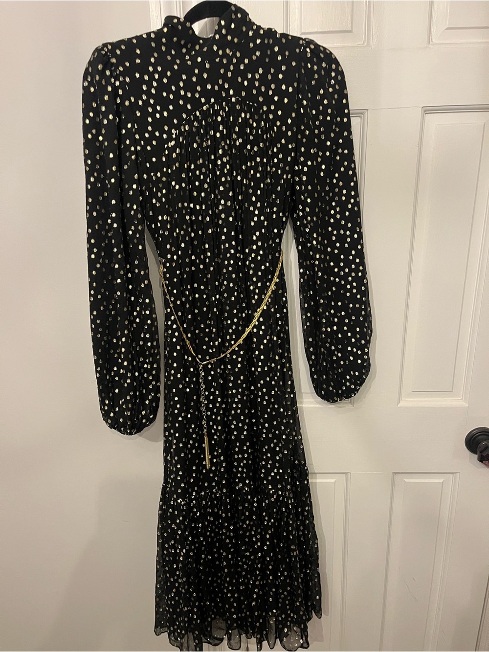 Zimmermann Black Polka Dot Long Sleeve Midi Dress with Gold Chain